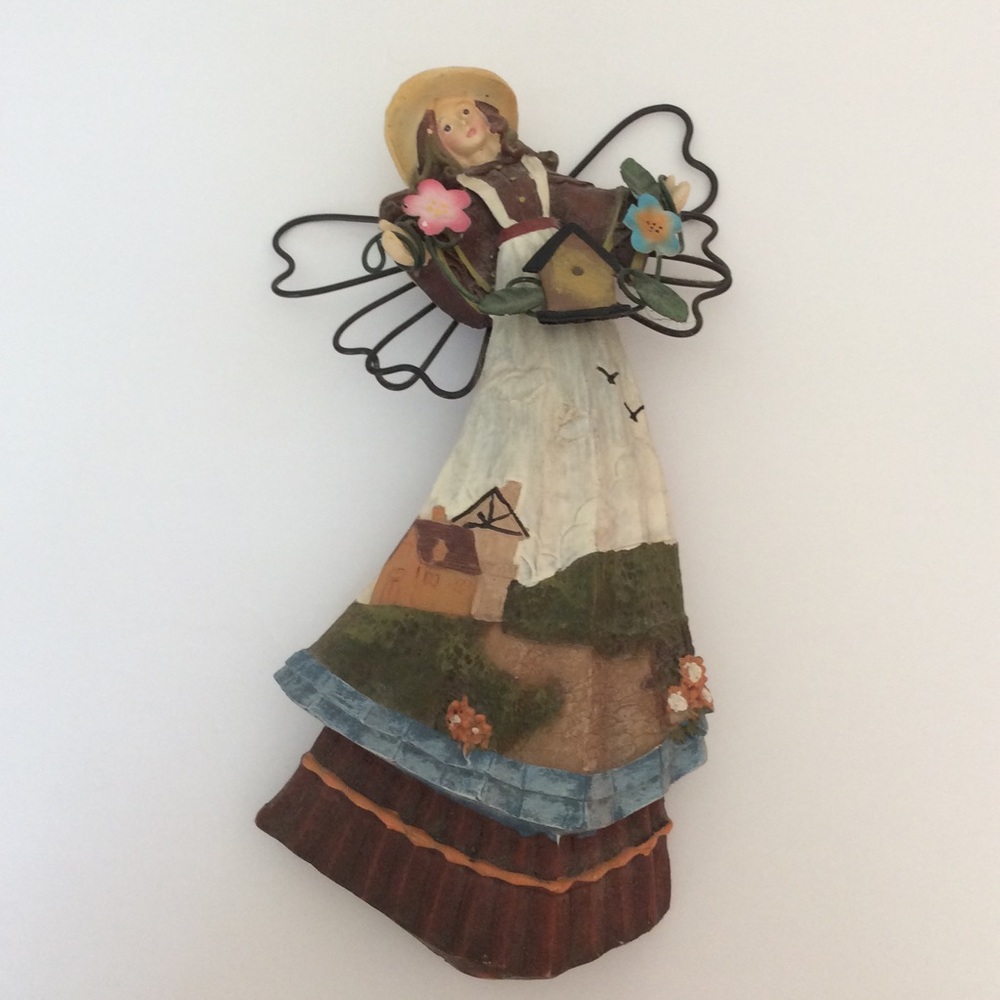 Vintage Angel Figurine Carved Wood Metal Folk Art Fall Thanksgiving Home Decor